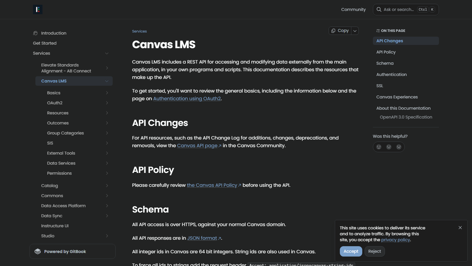 Full-frame view of the official Instructure Canvas LMS API documentation