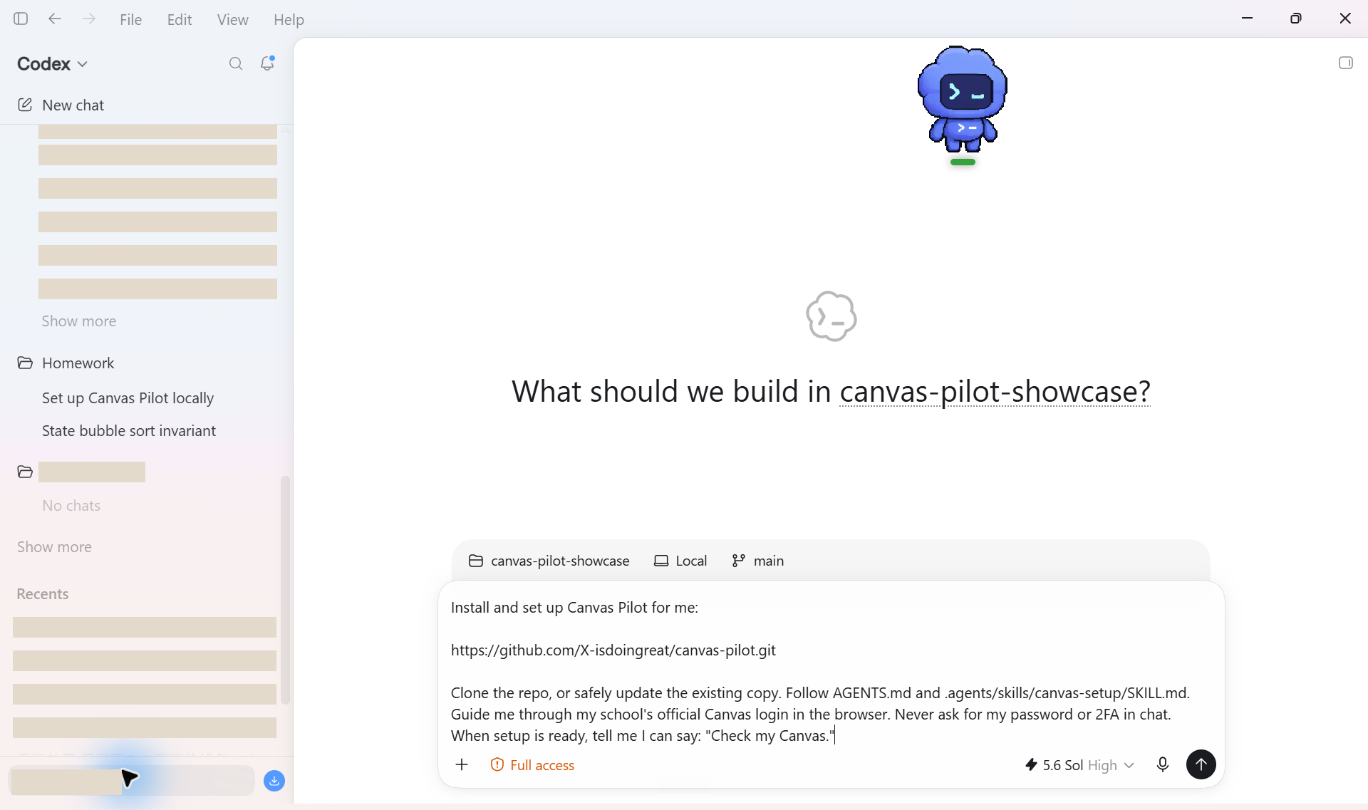 Full Codex App workspace with the repository sidebar and Codex robot visible, and the short Copy for Agent setup message pasted into the composer but not sent