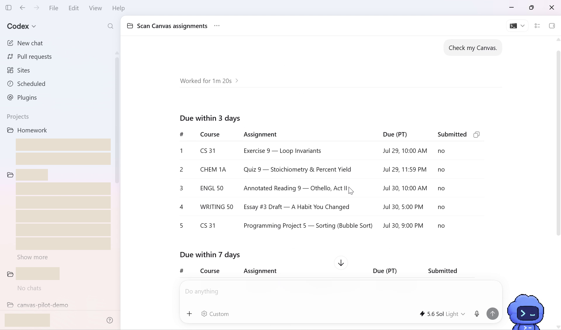 Full Codex App workspace with the repository sidebar and Codex robot visible, Check my Canvas at the top, and the three-day due list returned below